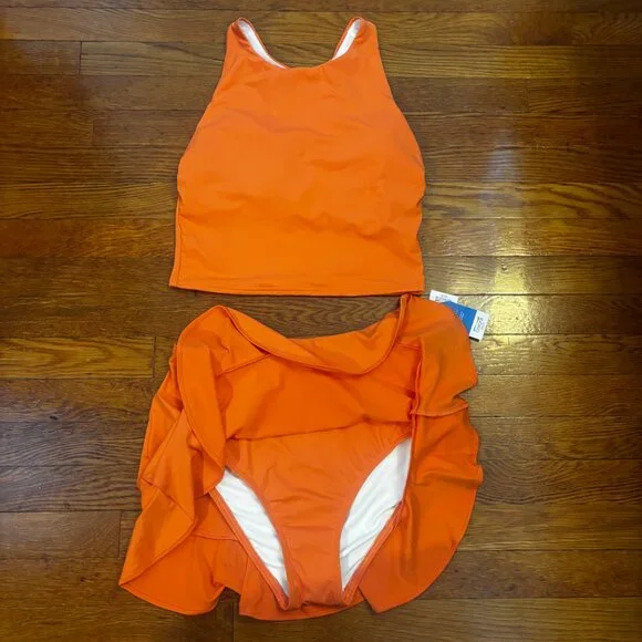 Land's End Papaya Orange Swim Skirt (8) & Tankini Top (10) Set NWT - Picture 4 of 10
